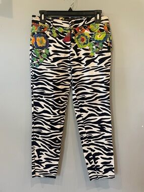 Zebra Print Stretch Pants with Floral Waist Accent - Black & White